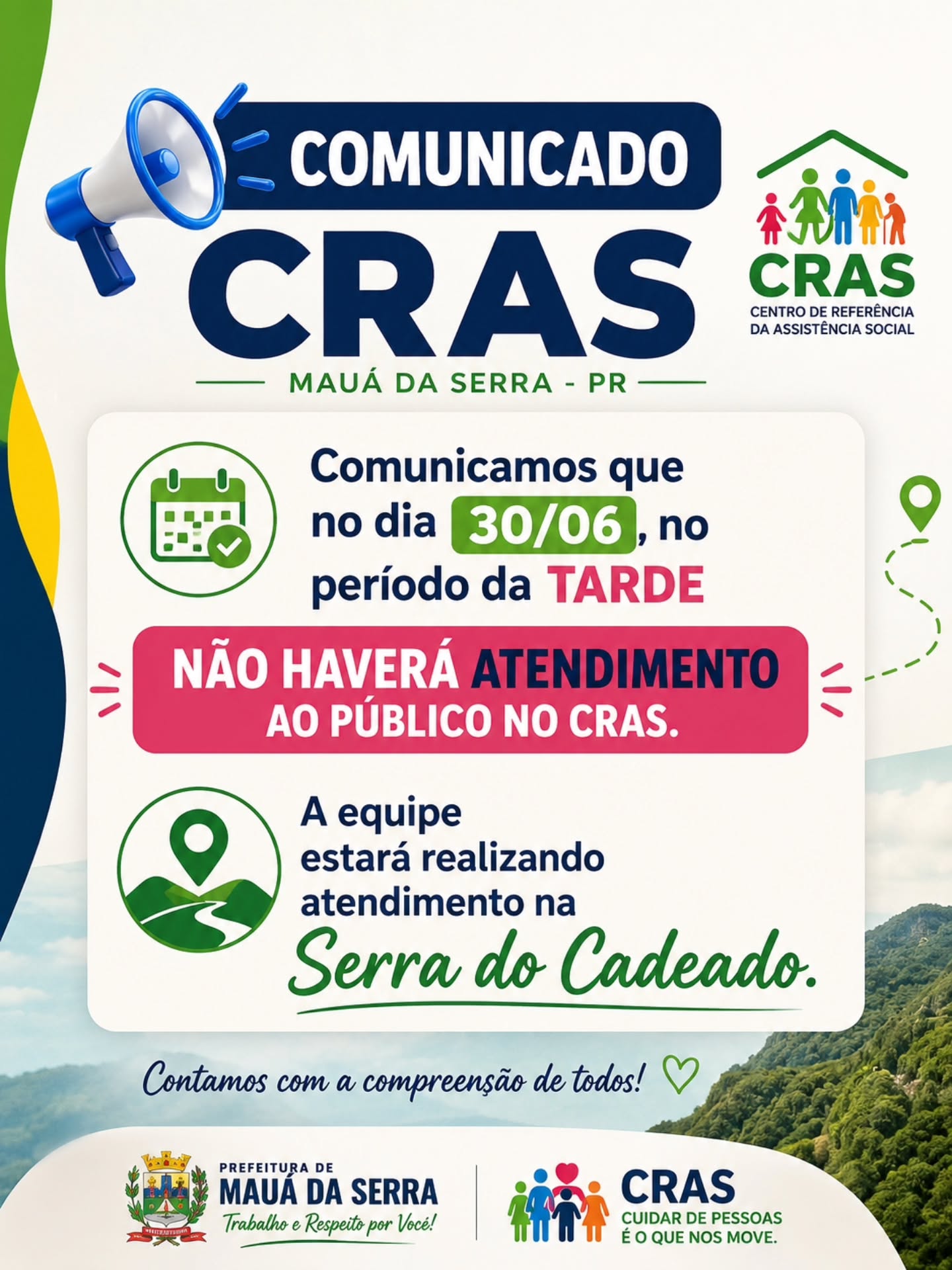 Comunicado CRAS: não haverá atendimento no dia 30 de junho