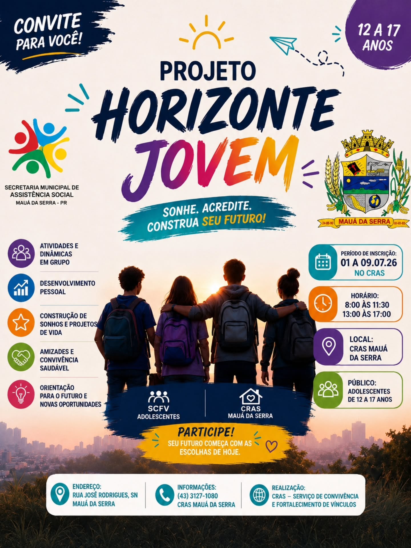 Projeto Horizonte Jovem abre vagas para adolescentes de 12 a 17 anos em Mauá da Serra