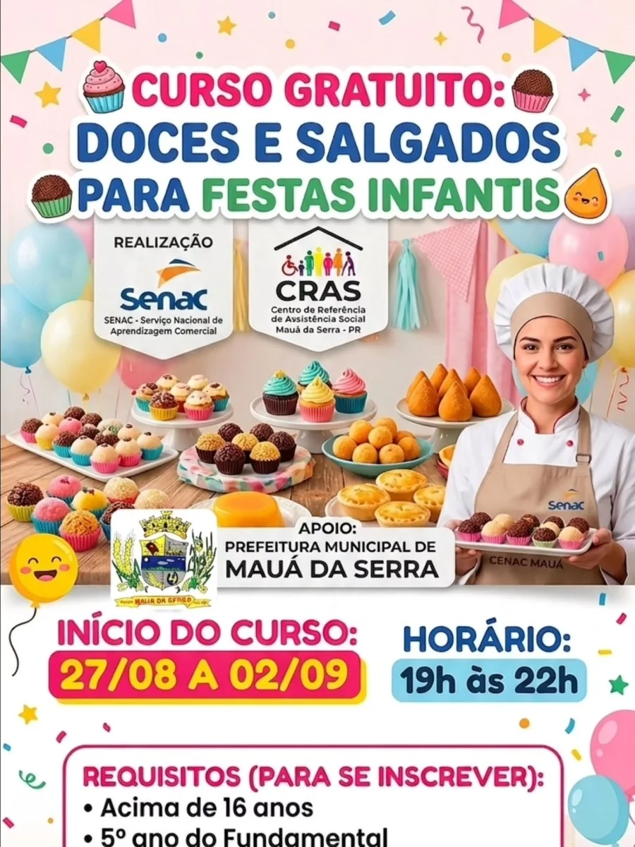 Curso gratuito de Doces e Salgados para Festas Infantis