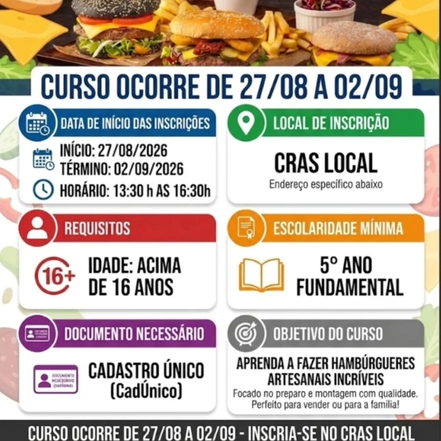 Curso de Hambúrgueres Artesanais abre inscrições no CRAS
