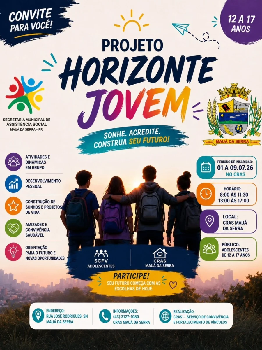 Projeto Horizonte Jovem abre vagas para adolescentes de 12 a 17 anos em Mauá da Serra