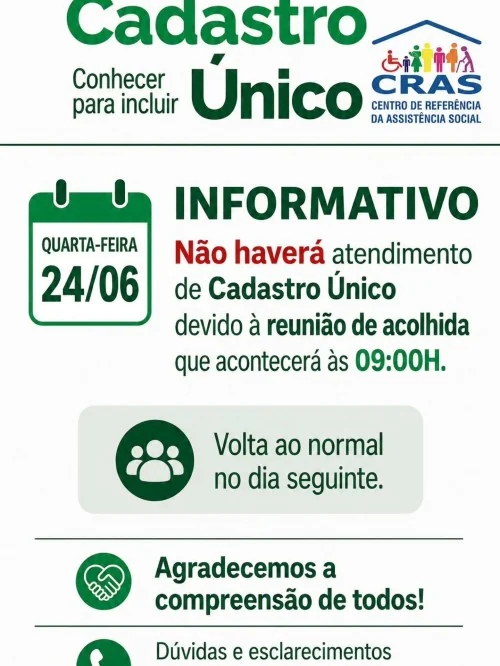 Cadastro Único: não haverá atendimento no dia 24 de junho