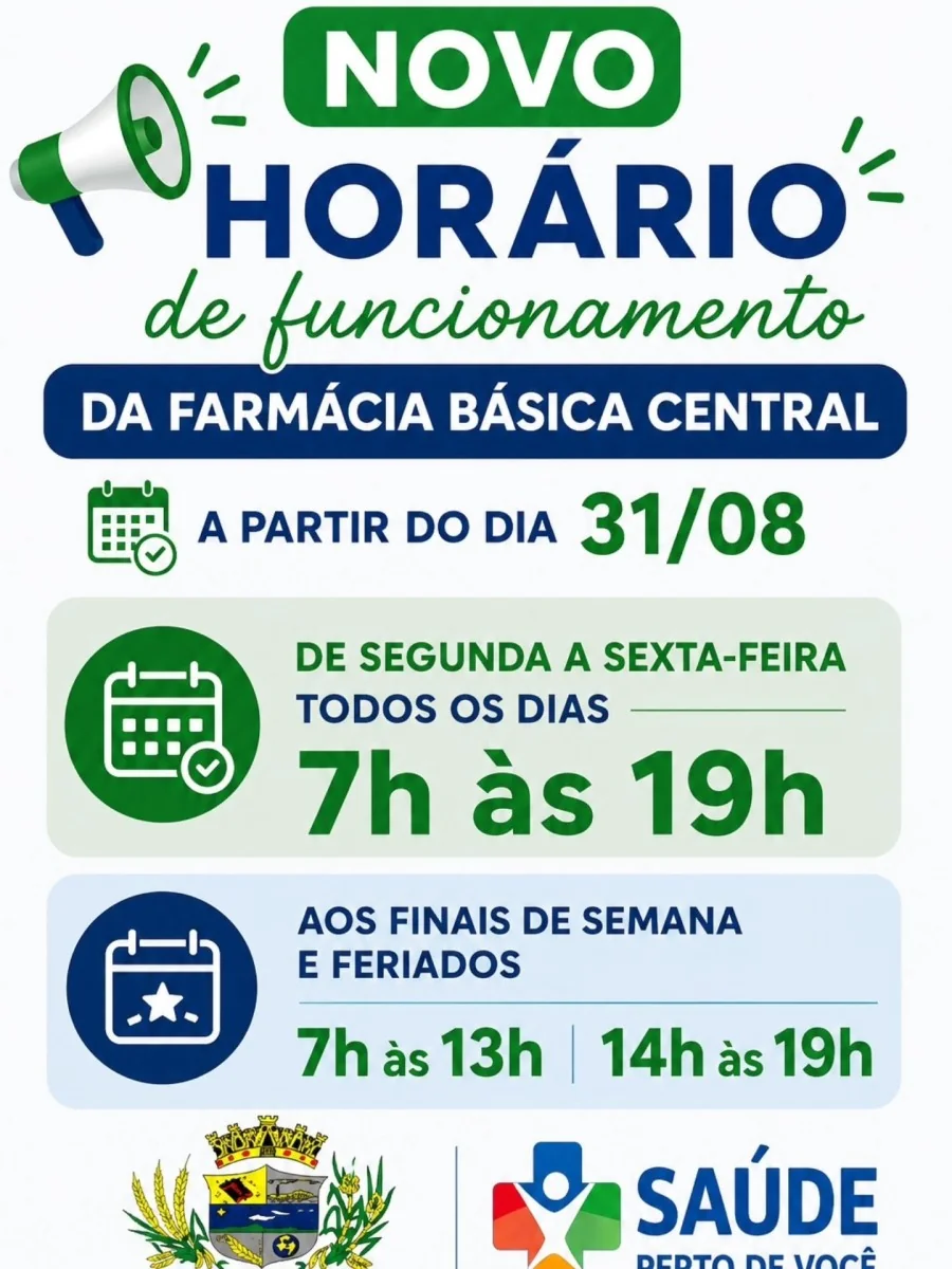 Farmácia Básica Central tem novo horário de funcionamento a partir de 31 de agosto