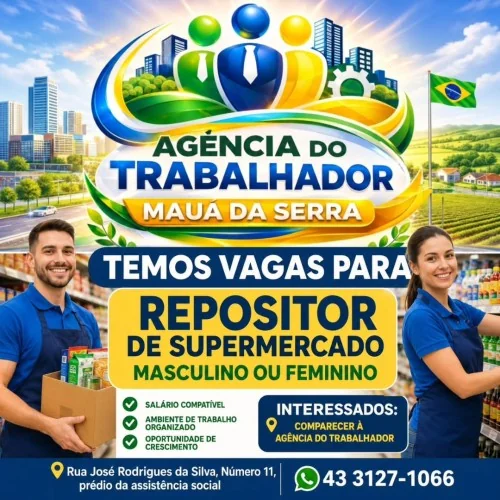 Agência do Trabalhador de Mauá da Serra tem vaga para Repositor de Supermercado